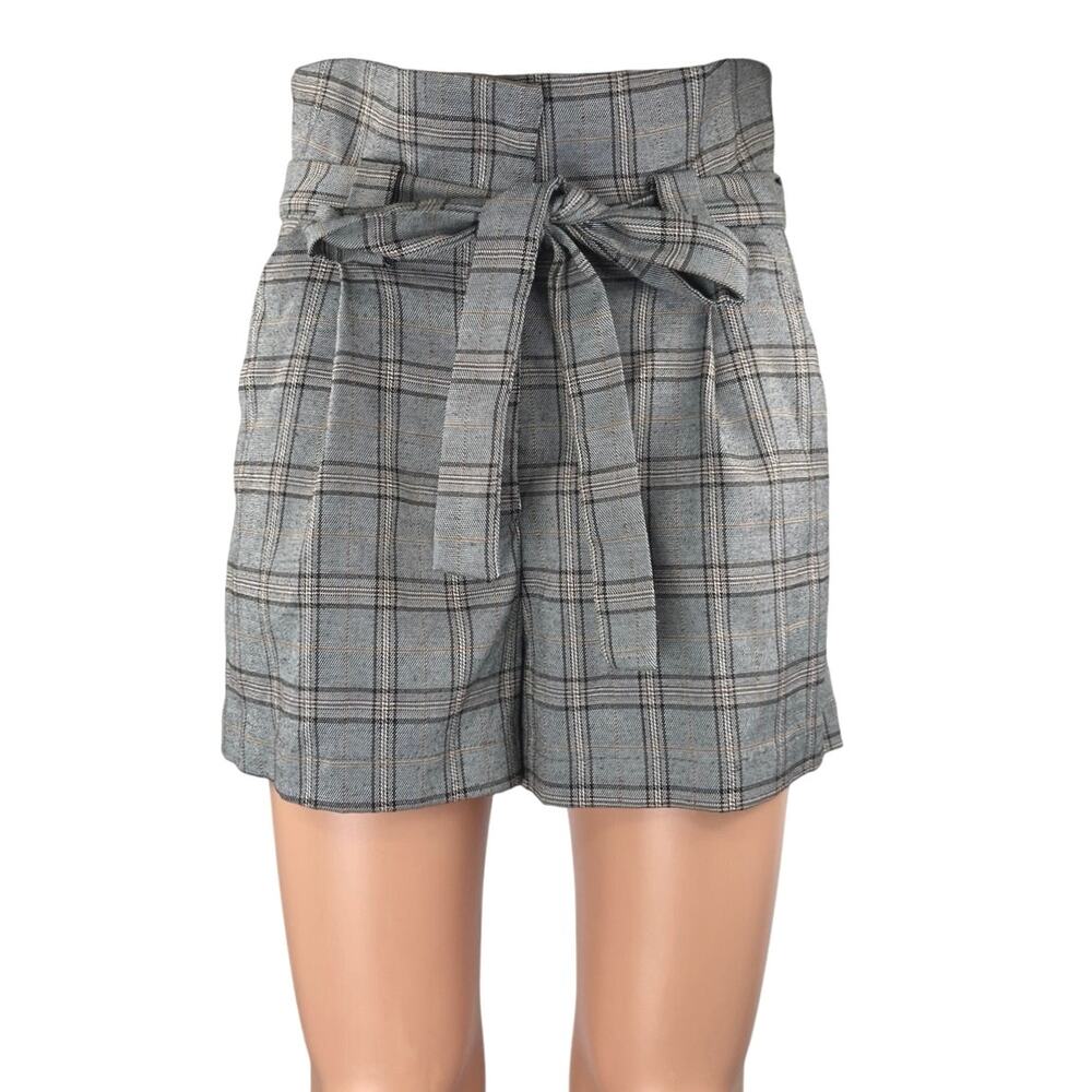 Re:named Gray Plaid Checkered Belted Tie Pleated Mini Casual Paperbag Shorts S